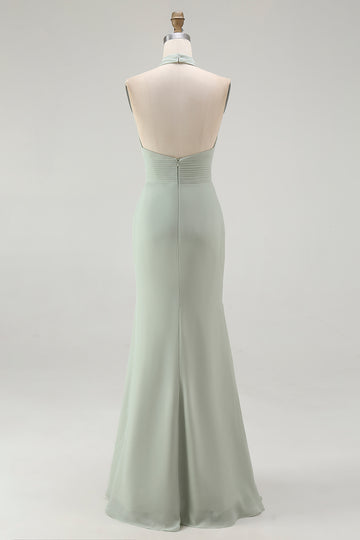 Dusty Sage Halter Mermaid Chiffon Bridesmaid Dress With Ruffles